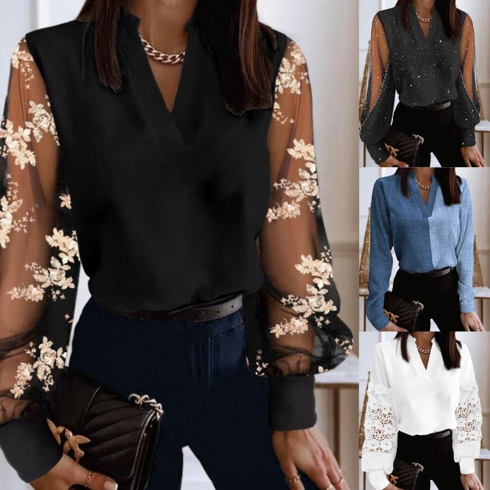 Elegant V-Neck Lace Long Sleeve Blouse - Trendy Women's Fashion - Artsi Chic Boutique