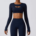 Badge blue Elevate women’s seamless workout set with long-sleeve crop top and high-waist leggings shown from the front