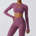Plum purple Elevate women’s seamless workout set with long-sleeve crop top and high-waist leggings shown from the front