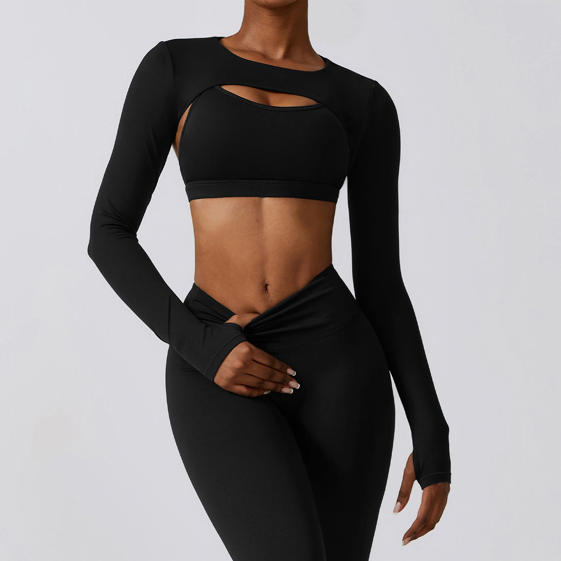 Matcha green Elevate women’s seamless workout set with long-sleeve crop top and high-waist leggings shown from the front