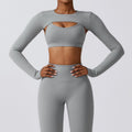 Rhino gray Elevate women’s seamless workout set with long-sleeve crop top and high-waist leggings shown from the front
