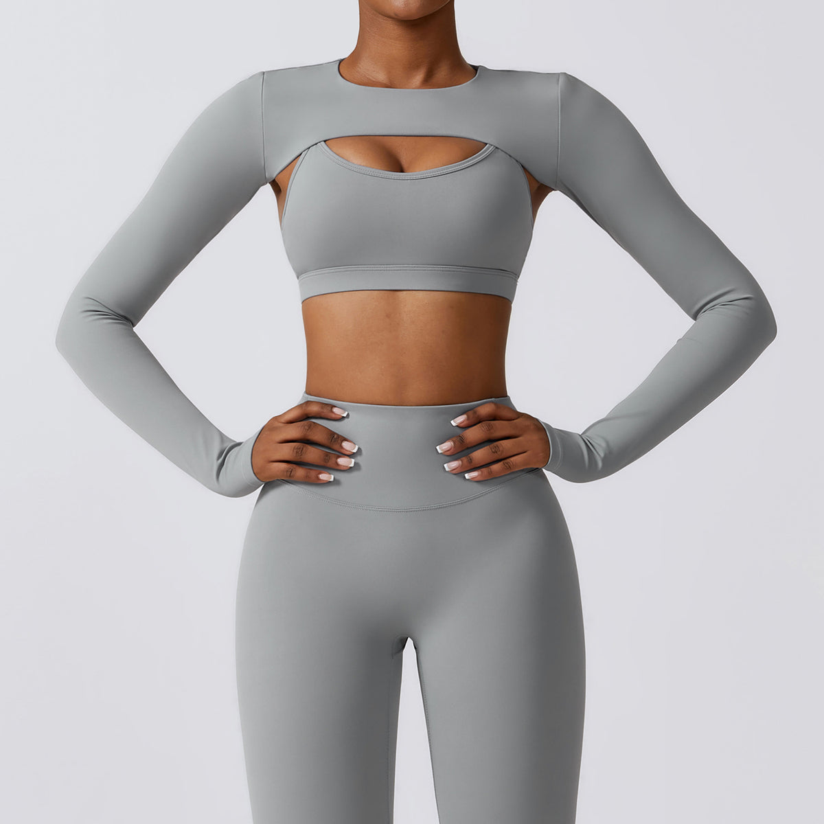 Rhino gray Elevate women’s seamless workout set with long-sleeve crop top and high-waist leggings shown from the front
