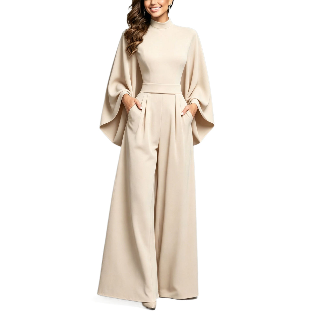 Eliana women's elegant apricot jumpsuit displayed from the front, featuring a high neckline, loose flowing cape-inspired sleeves, a defined waist, front pleated wide-leg trousers, and a sophisticated floor-length silhouette.
