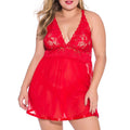 Front view of the Eliana red babydoll nightdress worn by a brunette model, featuring bright red floral lace across the bust, a deep V-neckline, slim matching shoulder straps, and a flowing semi-transparent red mesh skirt extending to the upper thighs.