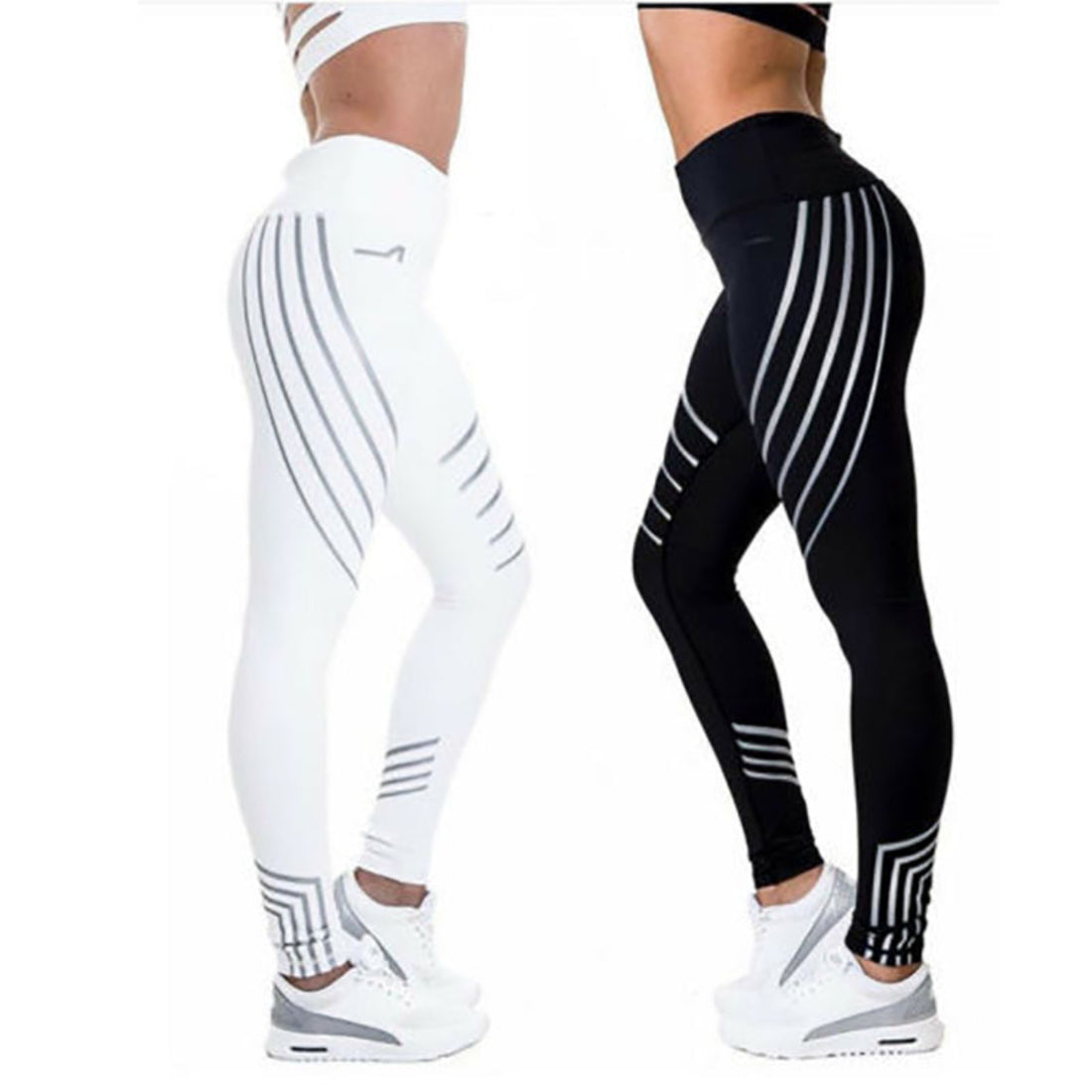 Everyday Sculpt women’s high-waist leggings in white and black with striped side detail shown side by side