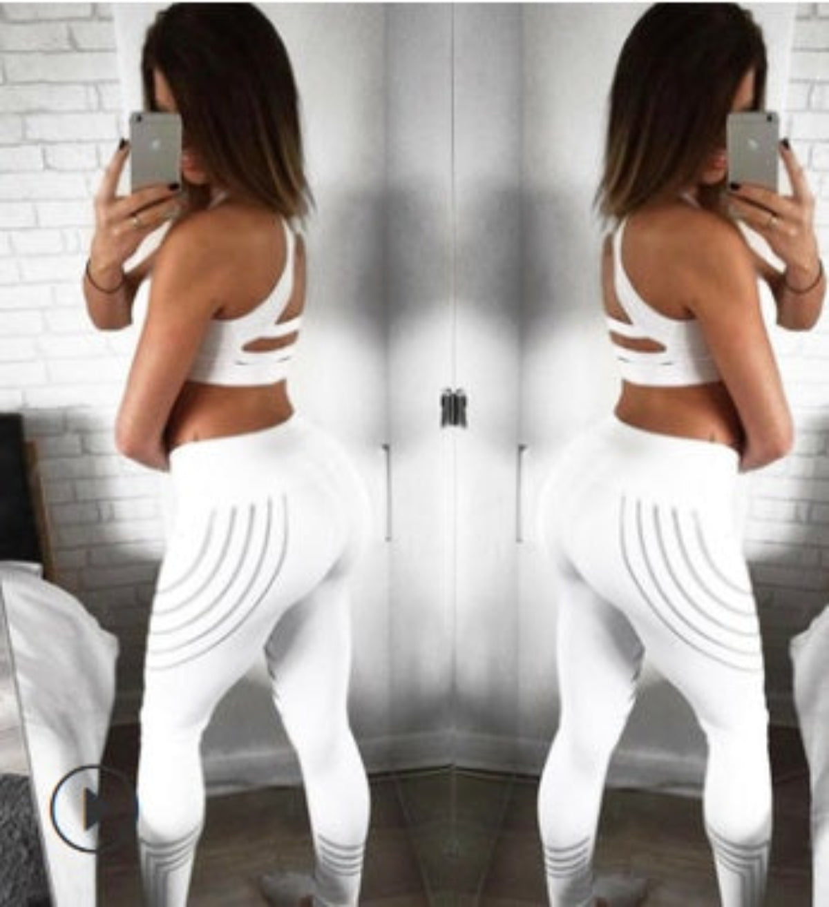 White Everyday Sculpt women’s high-waist leggings with striped side detail shown in front and back views