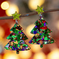 Festive Confetti Christmas Tree Acrylic Statement Earrings displayed as a colorful pair with gold star studs