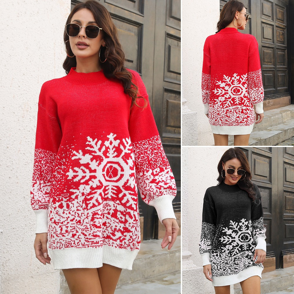 Woman wearing a Red long-sleeve Christmas sweater dress with a large white snowflake pattern while standing outdoors in front of a dark wooden doorway.