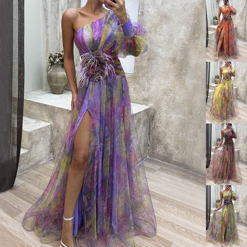 Glamorous Off-Shoulder Tie-Dye Mesh Dress – Elegant Slit for Party Nights - Artsi Chic Boutique