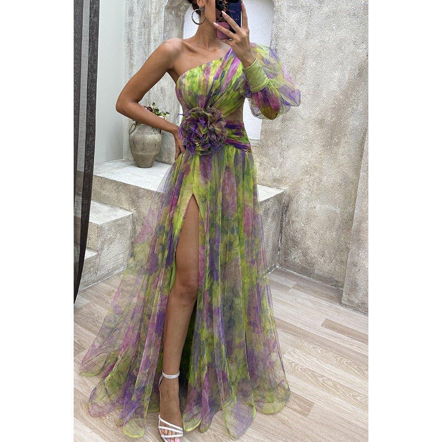 Glamorous Off-Shoulder Tie-Dye Mesh Dress – Elegant Slit for Party Nights - Artsi Chic Boutique