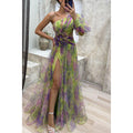 Glamorous Off-Shoulder Tie-Dye Mesh Dress – Elegant Slit for Party Nights - Artsi Chic Boutique