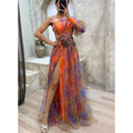 Glamorous Off-Shoulder Tie-Dye Mesh Dress – Elegant Slit for Party Nights - Artsi Chic Boutique