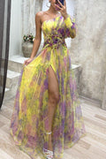 Glamorous Off-Shoulder Tie-Dye Mesh Dress – Elegant Slit for Party Nights - Artsi Chic Boutique