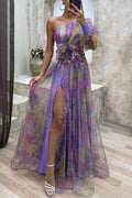 Glamorous Off-Shoulder Tie-Dye Mesh Dress – Elegant Slit for Party Nights - Artsi Chic Boutique