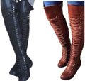 Women’s Harper cross-strap knee-high boots shown in Black and Brown, highlighting the tall fitted shafts, layered strap construction, rounded toes, and versatile block heel design.