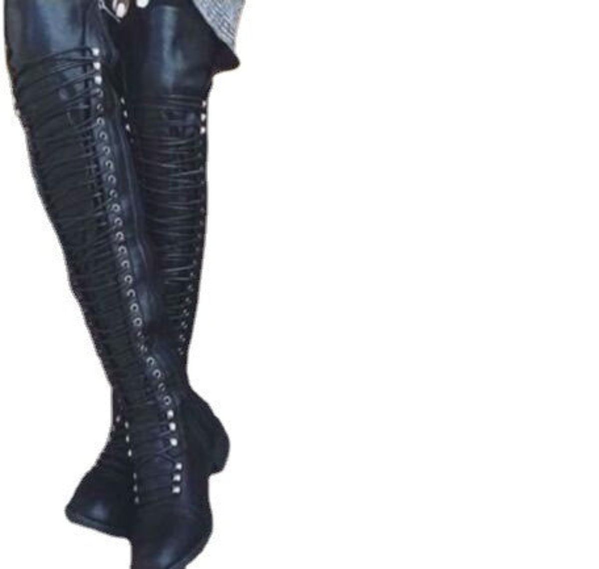 Pair of women’s black Harper knee-high boots featuring multiple cross-strap details along the tall shaft, a sleek fitted silhouette, rounded toes, and stable block heels.