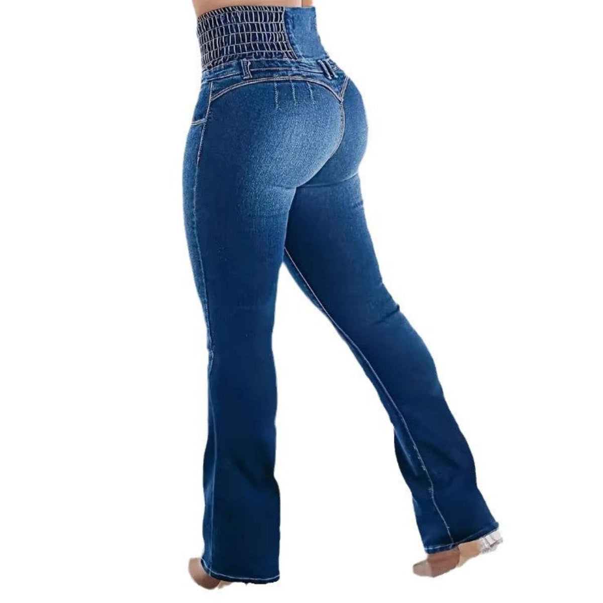 Rear view of women's blue high-waist flare jeans with smocked waistband and flared legs