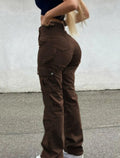 Women's coffee high-waist stretch cargo pants with utility pockets, back view