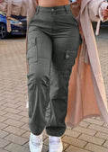 Women's dark gray high-waist stretch cargo pants with utility pockets, front view