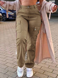Women's khaki A high-waist stretch cargo pants with straight-leg fit and utility pockets