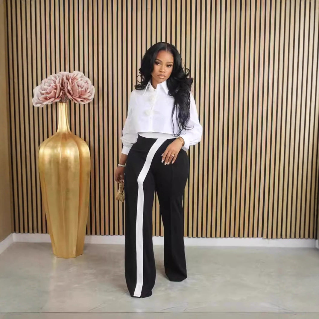 Kendra women's black-and-white high-waisted wide-leg pants shown from the front on a model wearing a white cropped button-up blouse, featuring a striking asymmetrical white stripe beginning at the waistband and extending vertically down one leg, a fitted-looking waist, and relaxed full-length wide-leg trousers. The model stands beside a tall gold decorative vase filled with pale pink flowers against a vertical wood-slat wall.