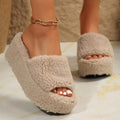 Khaki fleece-lined platform women's slippers front view