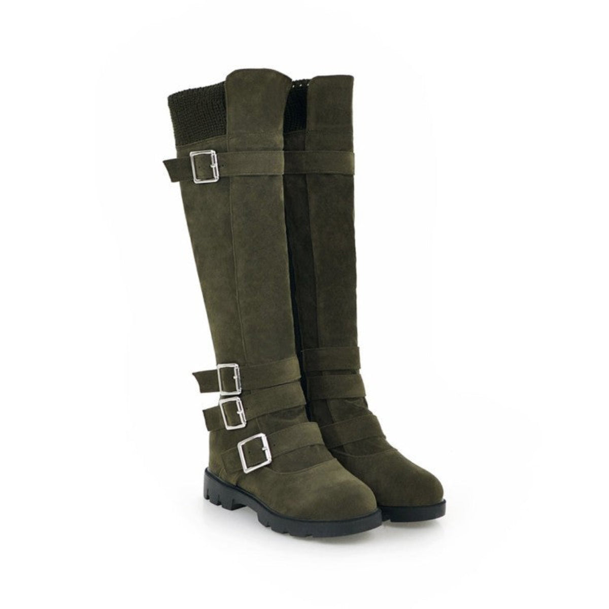 Pair of women’s army green tall Martin boots with buckle hardware and a fashion-forward cold-weather design.