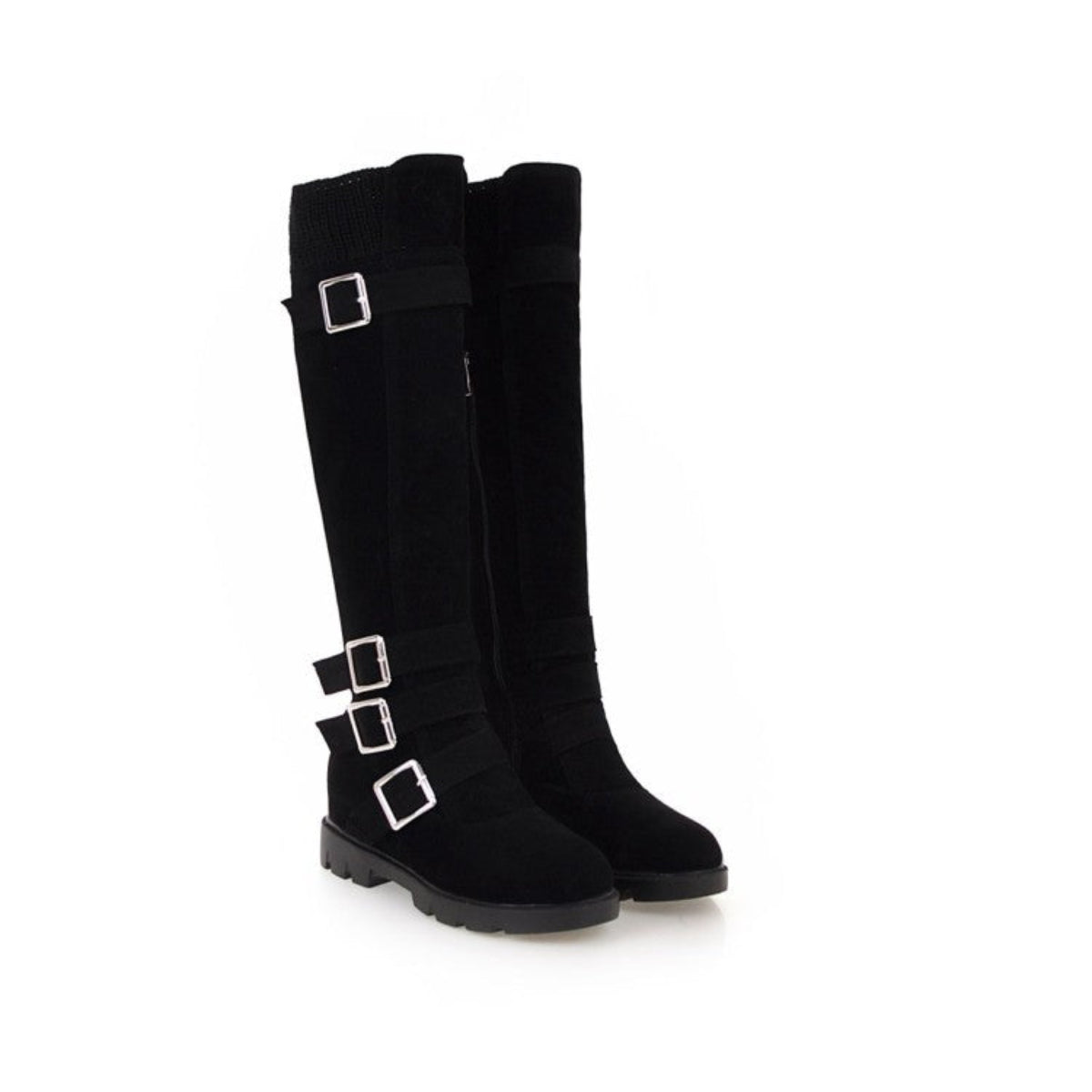 Women’s black tall Martin boots with buckle accents and a sleek riding-inspired silhouette shown in a front view.