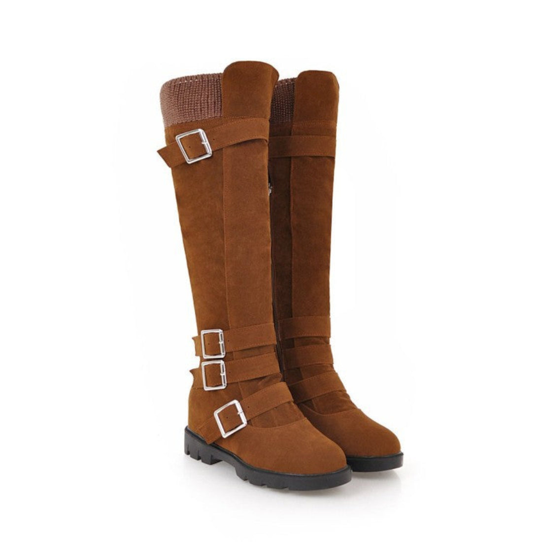 Women’s black tall Martin boots with buckle accents and a sleek riding-inspired silhouette shown in a front view.
