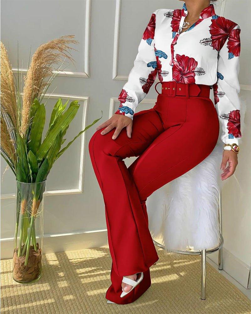 Modern Print Blouse & Sleek High-Waist Pants Set - Trendy Women's Wear - Artsi Chic Boutique