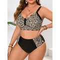 Angled view of a curvy model wearing the Nia women's geometric-print high-waisted swimsuit, highlighting the black-and-cream patterned bikini top, contrasting black underbust band, and coordinated high-waisted bottoms with geometric print accents around the hips.
