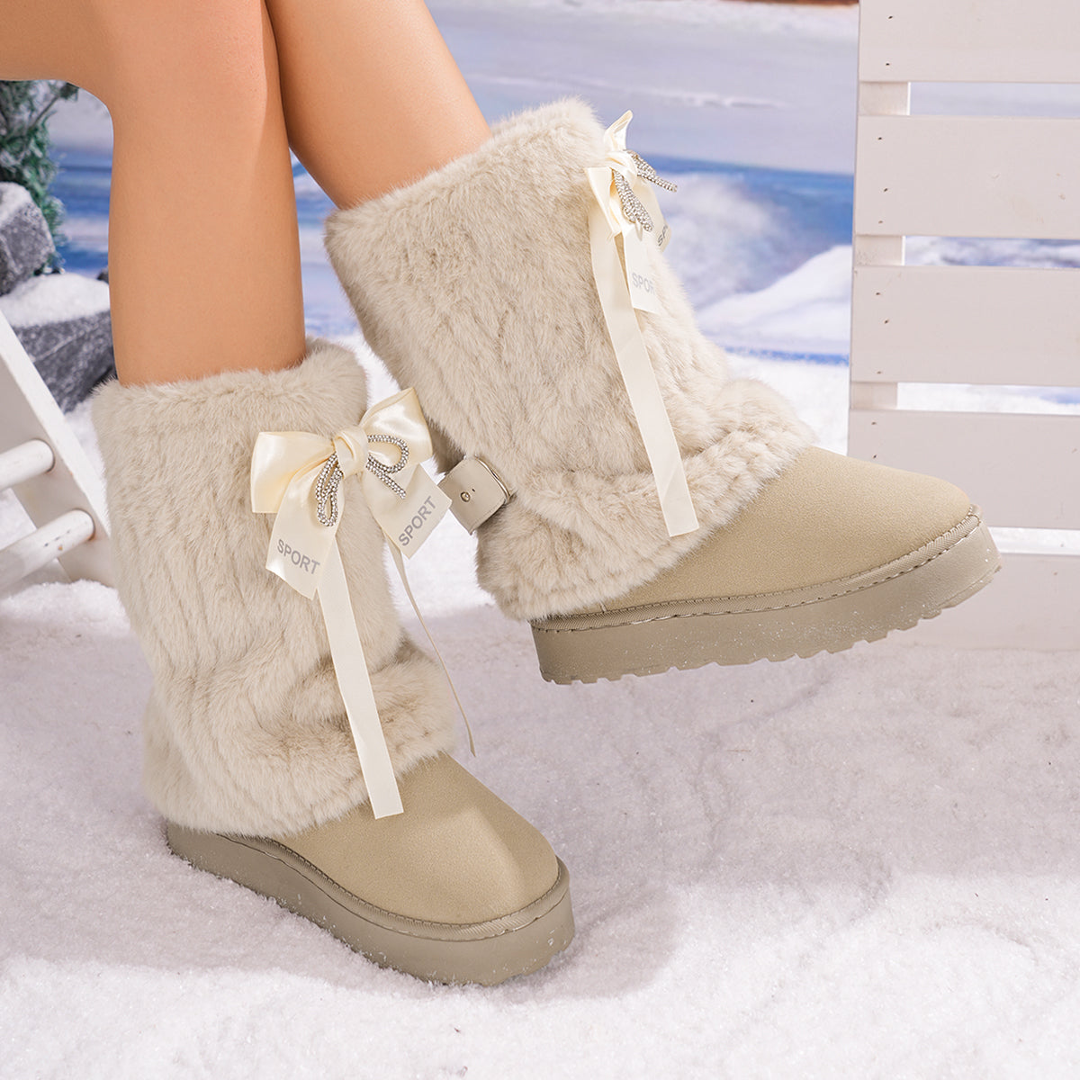 Woman wearing cream Noelle Bow platform fleece snow boots featuring plush faux-fur uppers, oversized satin ribbon bow accents with sparkling rhinestone details, decorative side buckle straps, rounded suede-style toes, and thick beige platform soles while standing in a snowy winter setting.