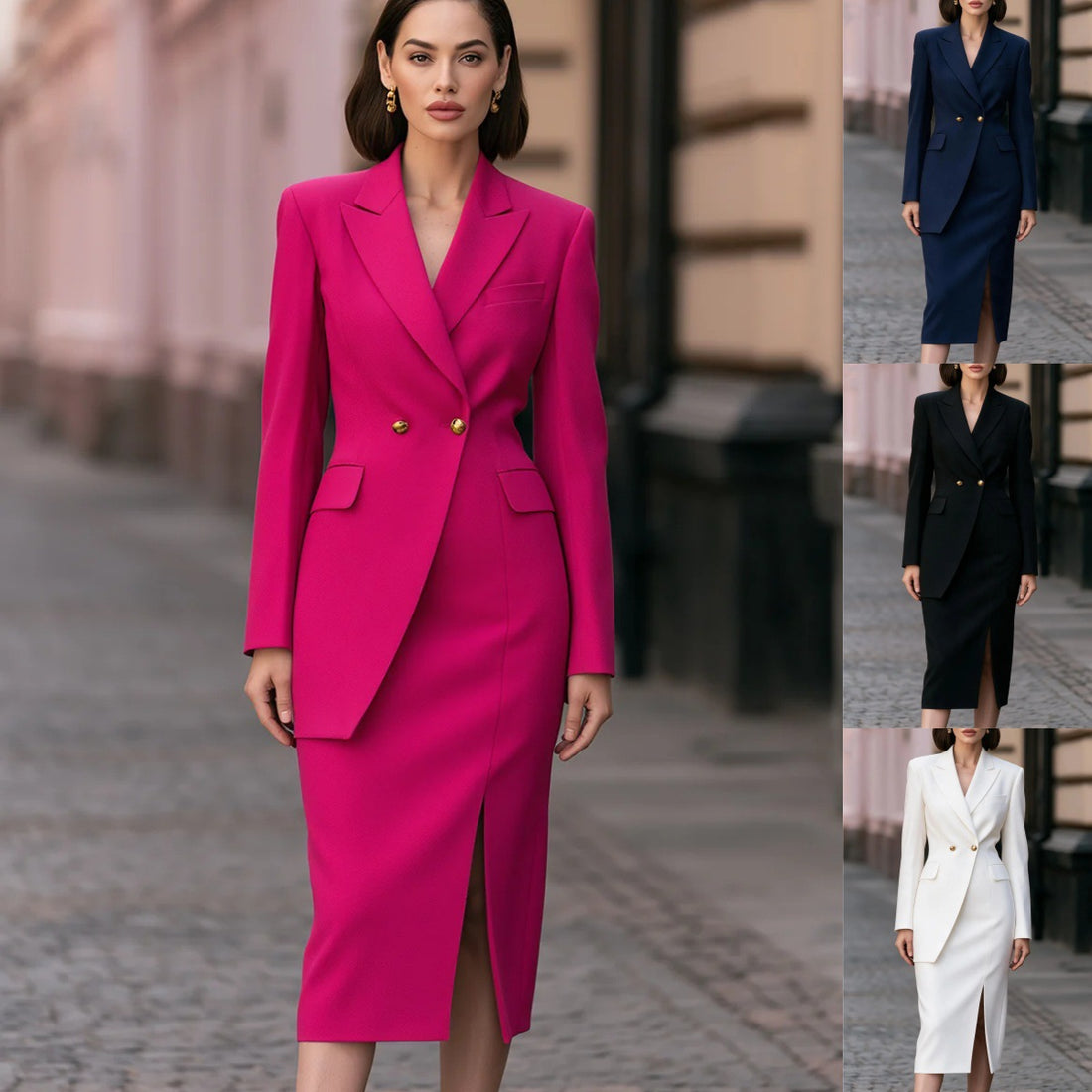 Black double-breasted blazer midi dress with tailored waist, gold-tone buttons, and front slit.