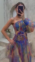 Stunning Tie-Dye Mesh Off-Shoulder Slit Dress - video 2