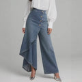 Video of women's high-waist wide-leg jeans with asymmetrical denim wrap overlay and front buttons