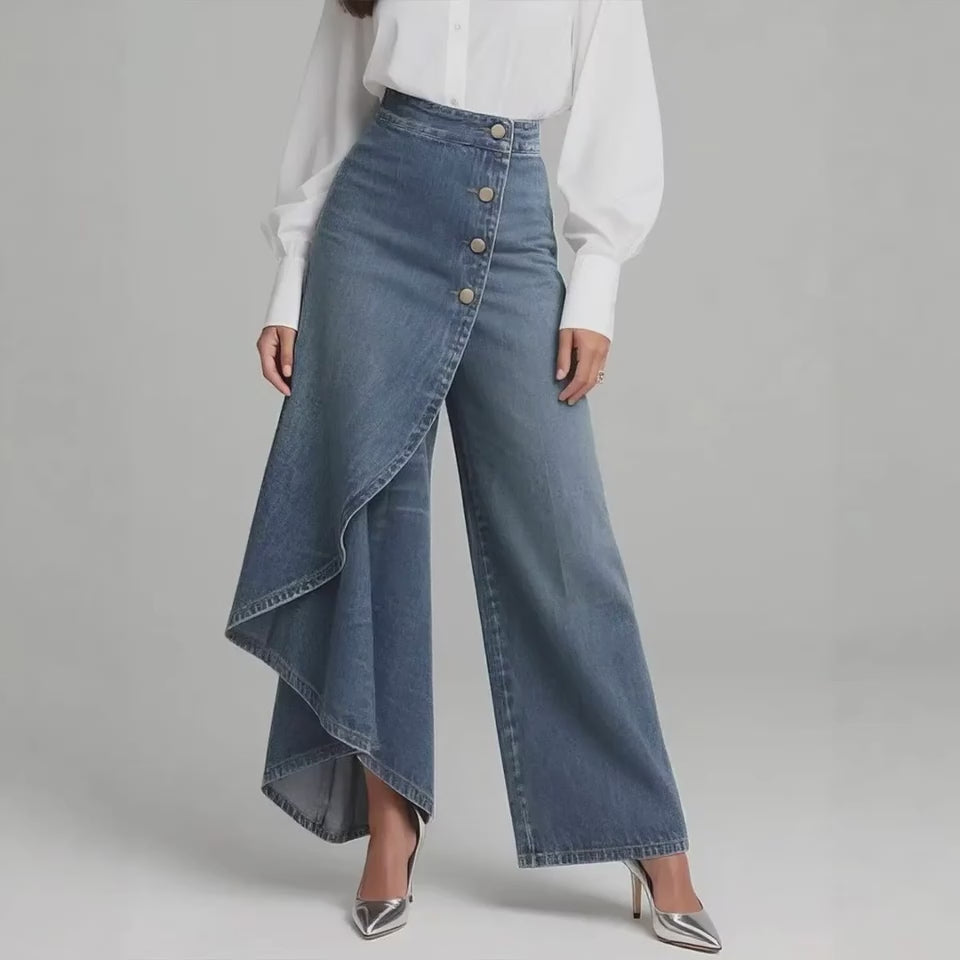 Video of women's high-waist wide-leg jeans with asymmetrical denim wrap overlay and front buttons