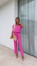 Chic Solid Color Wrap Jumpsuit - Elegant Business Belted Trousers for Women in Apricot - Video