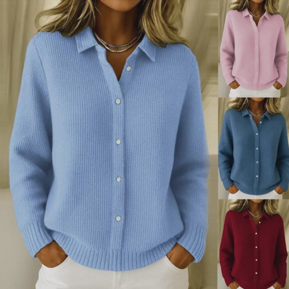 Video showing women's button-down knit sweater in light blue, pink, blue and burgundy color options