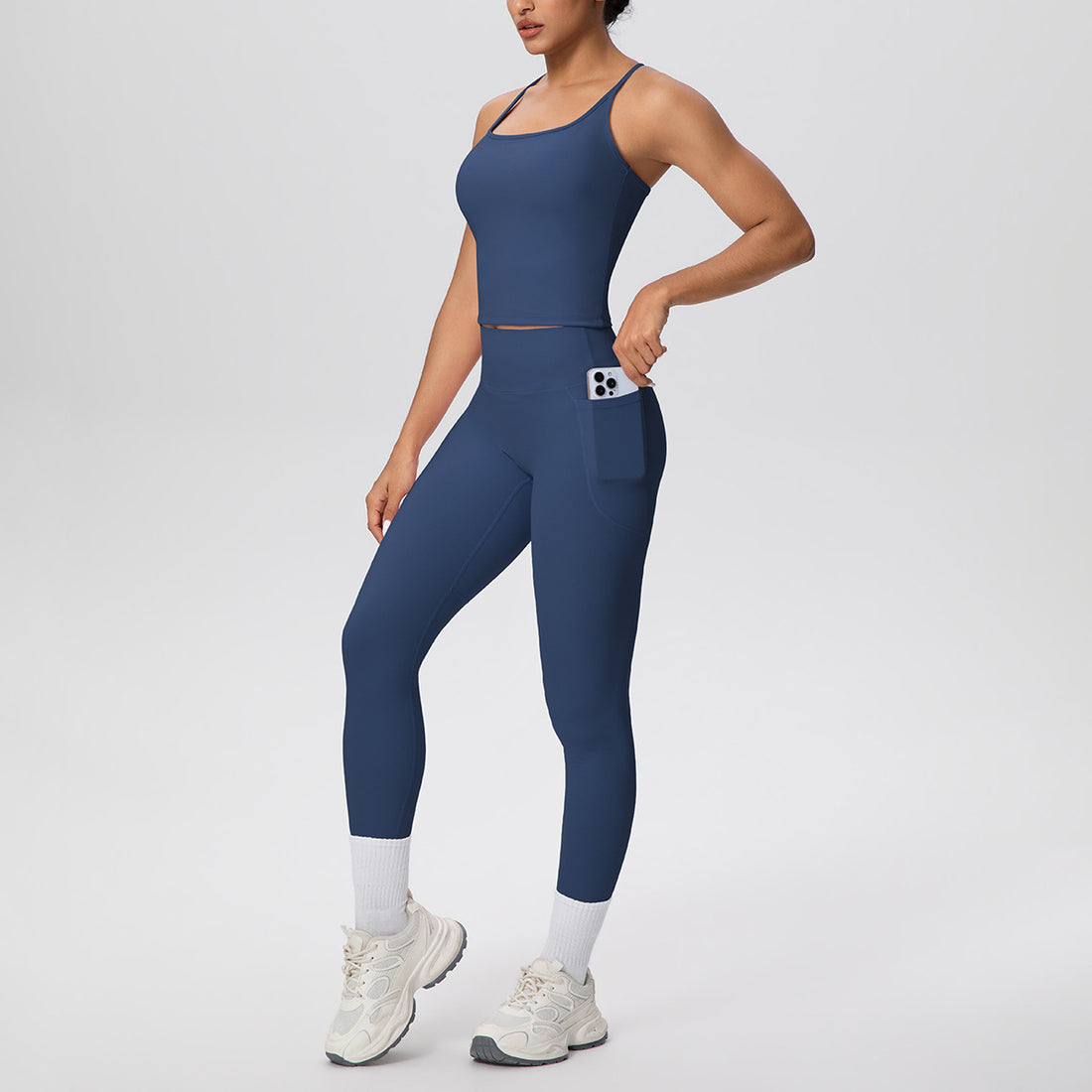 Brown Sculpt & Define high-waist women’s activewear set with fitted sleeveless top and full-length leggings