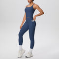 Blue Sculpt & Define high-waist women’s activewear set with fitted sleeveless top and full-length leggings