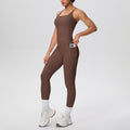 Brown Sculpt & Define high-waist women’s activewear set with fitted sleeveless top and full-length leggings