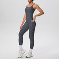 Gray Sculpt & Define high-waist women’s activewear set with fitted sleeveless top and full-length leggings
