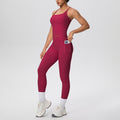 Wine red Sculpt & Define high-waist women’s activewear set with fitted sleeveless top and full-length leggings