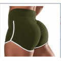 army green SculptCurve plus size high-waist running and workout shorts with contrast trim shown from the back