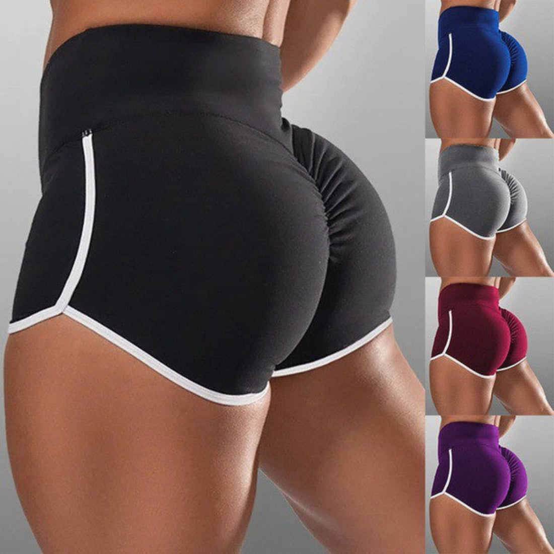 Black SculptCurve plus size high-waist running and workout shorts with contrast trim shown with multiple color options