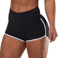 Black SculptCurve plus size high-waist running and workout shorts with contrast trim shown from the front