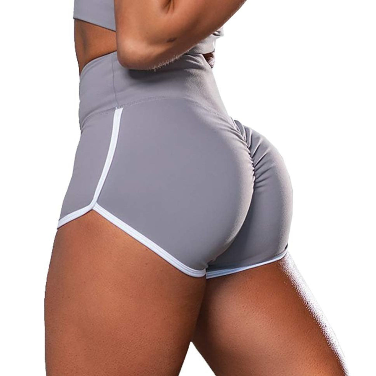 Grey SculptCurve plus size high-waist running and workout shorts with contrast trim shown from the back