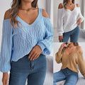 Collage showing women wearing the cold-shoulder V-neck knit sweater in light blue, white, and khaki with blue jeans.