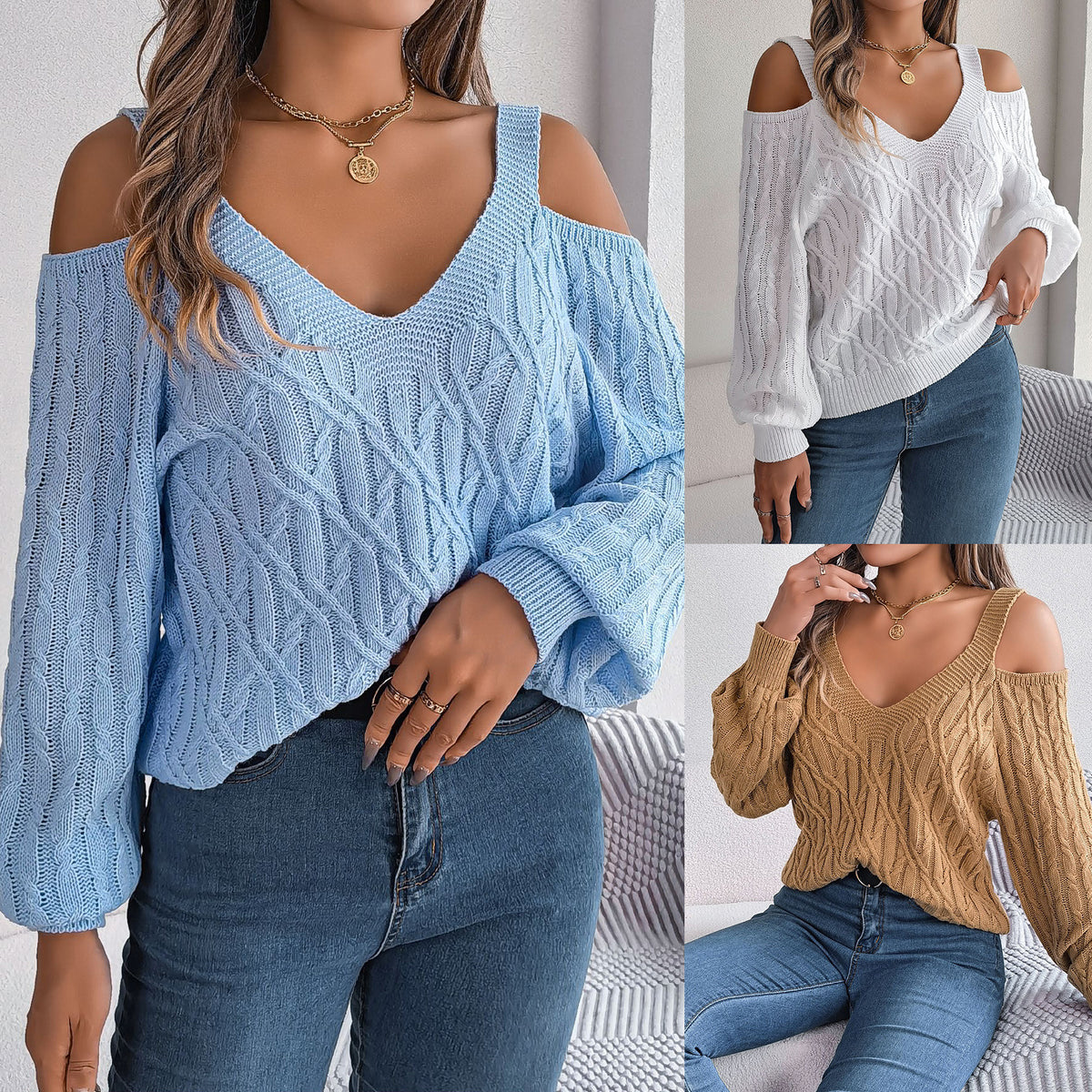 Collage showing women wearing the cold-shoulder V-neck knit sweater in light blue, white, and khaki with blue jeans.