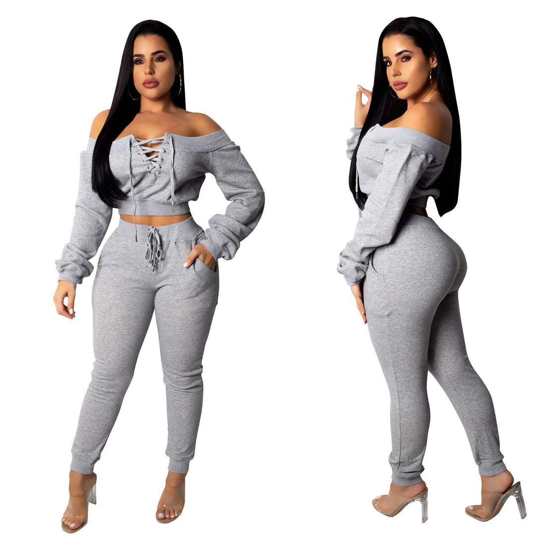 Three women wearing matching Pink, Grey, and Black off-shoulder lace-up cropped tops with coordinating jogger pants against a white background.